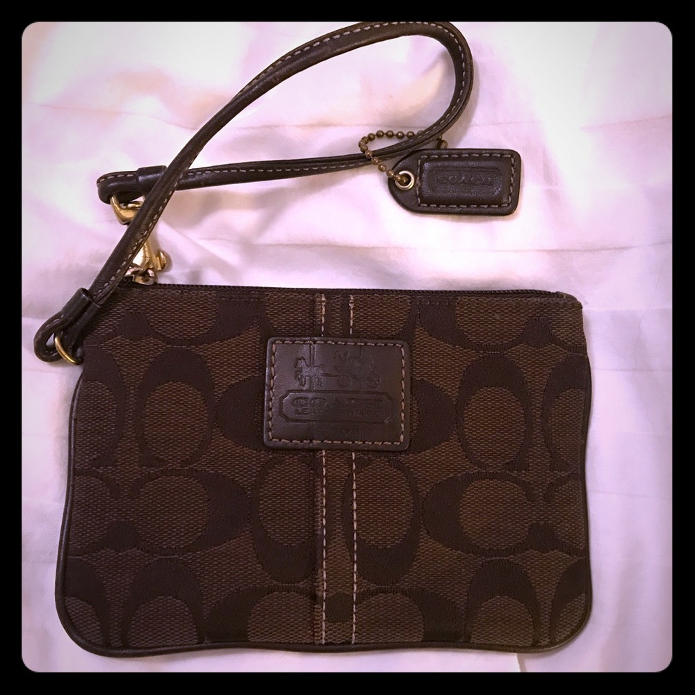 Brown Signature PVC coach wristlet