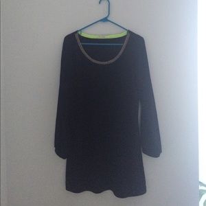 Embellished Jewel Black Long Sleeve Shift Dress