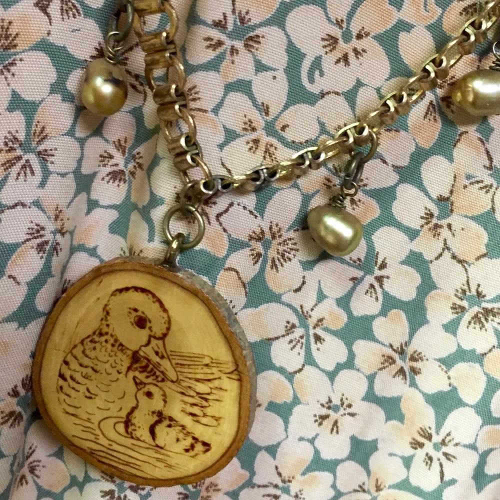 Vintage Necklace, Repurposed, Wood Pendant, Pearls