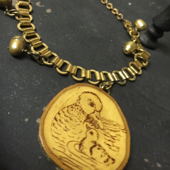 Vintage Necklace, Repurposed, Wood Pendant, Pearls - Picture 3 of 6