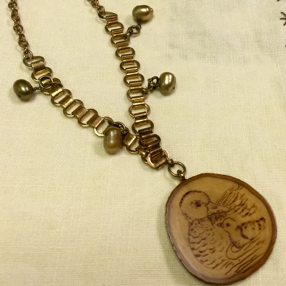 Vintage Necklace, Repurposed, Wood Pendant, Pearls - Picture 4 of 6