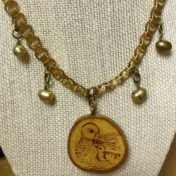 Vintage Necklace, Repurposed, Wood Pendant, Pearls - Picture 6 of 6