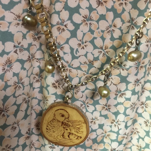 Vintage Necklace, Repurposed, Wood Pendant, Pearls - Picture 2 of 6