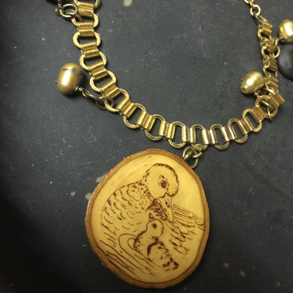 Vintage Necklace, Repurposed, Wood Pendant, Pearls - Picture 5 of 6