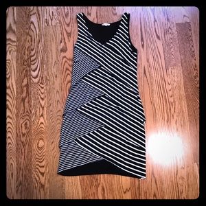 Black and white asymmetrical striped dress