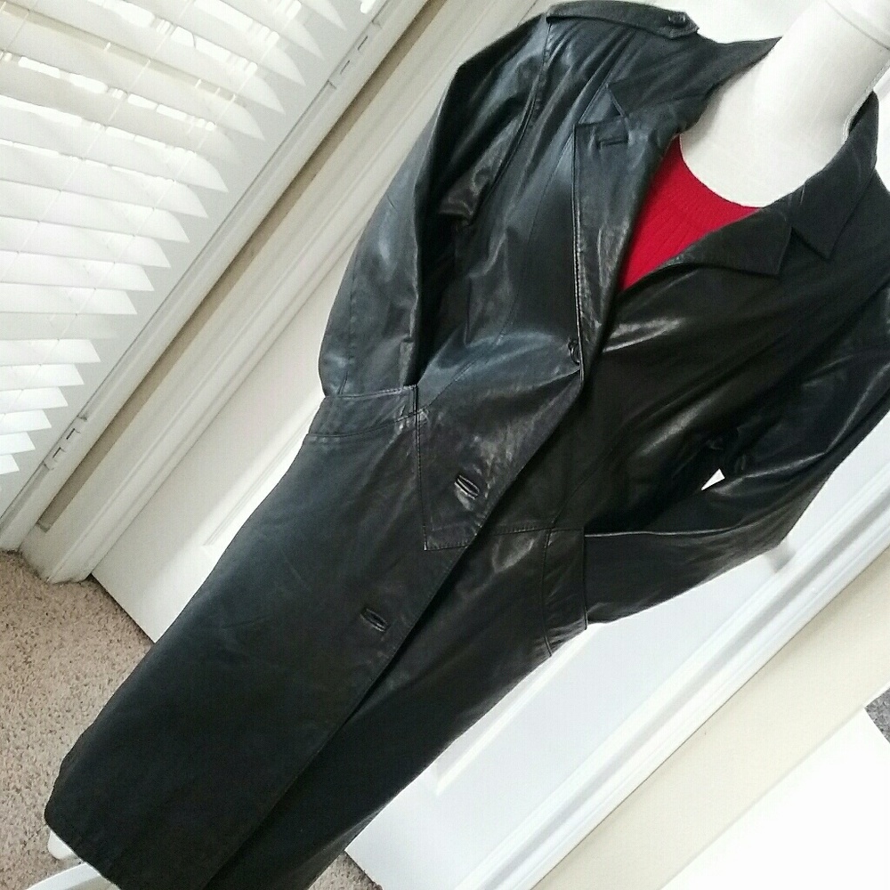 Black leather trench coat