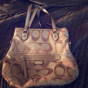 Coach tan and pink outlined hand bag