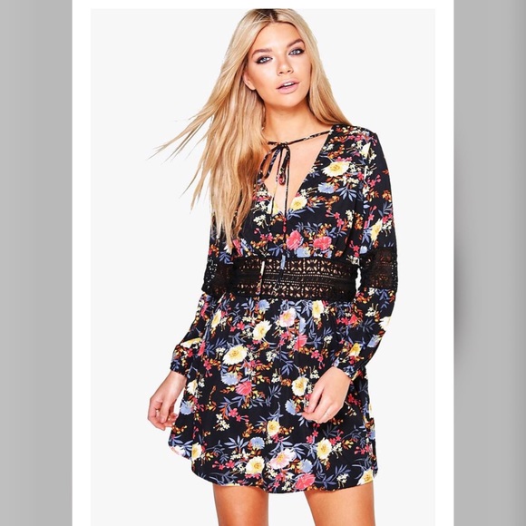 Floral Lace Insert Tie Dress - Picture 1 of 2
