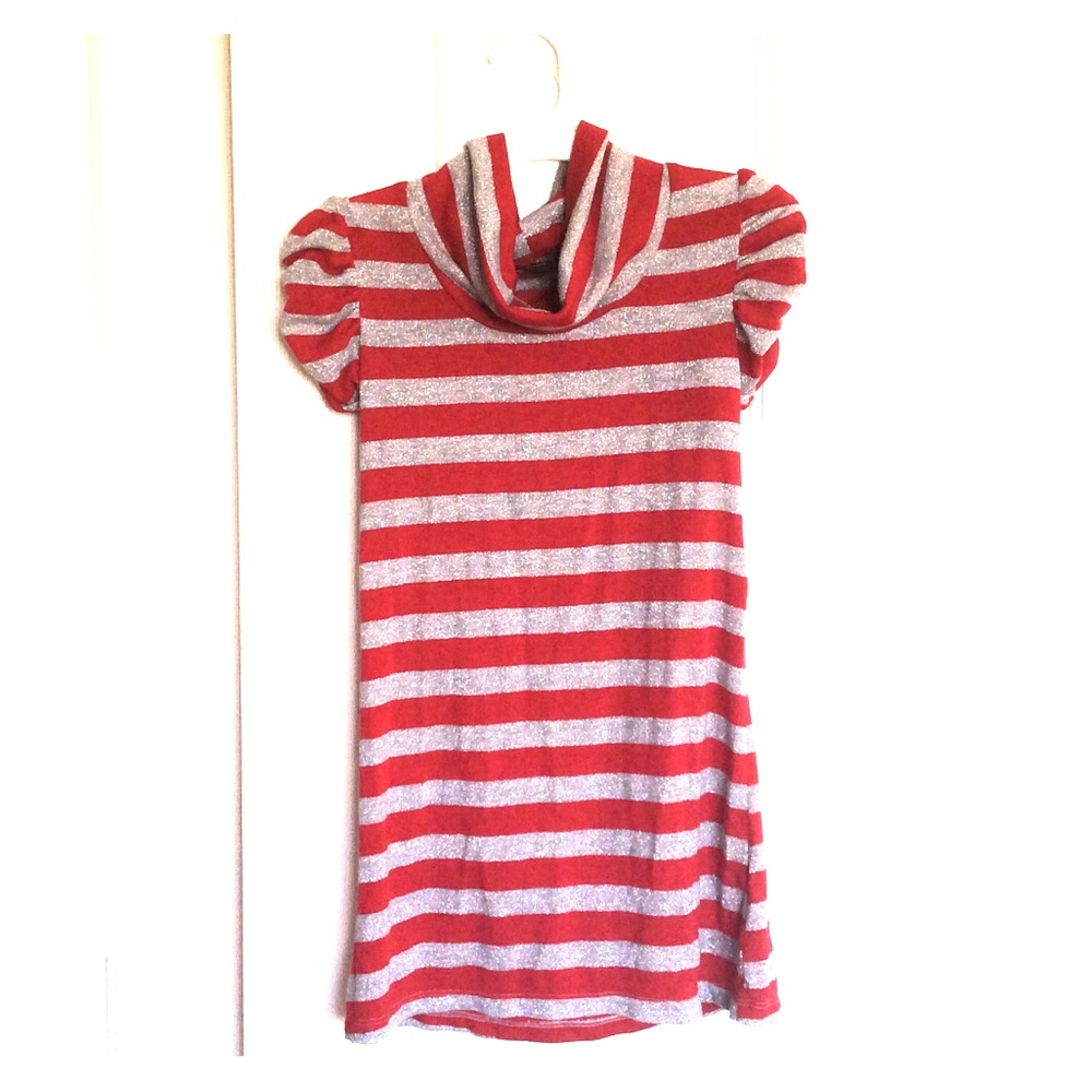 Red Turtle Neck Striped Dress Ruffled