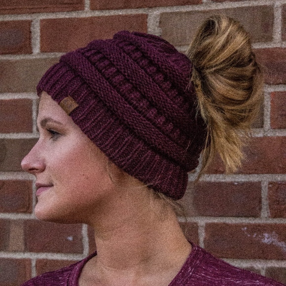 Kyoot Klothing Accessories - Burgundy Ponytail Beanie