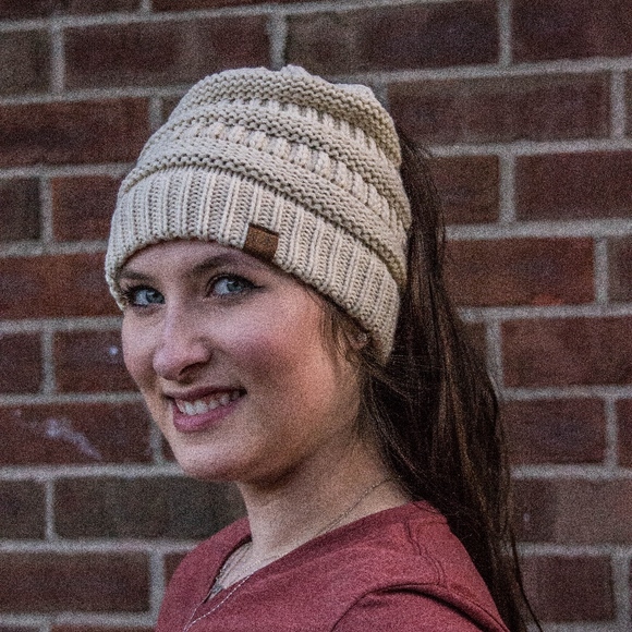Kyoot Klothing Accessories - Beige Ponytail Beanie