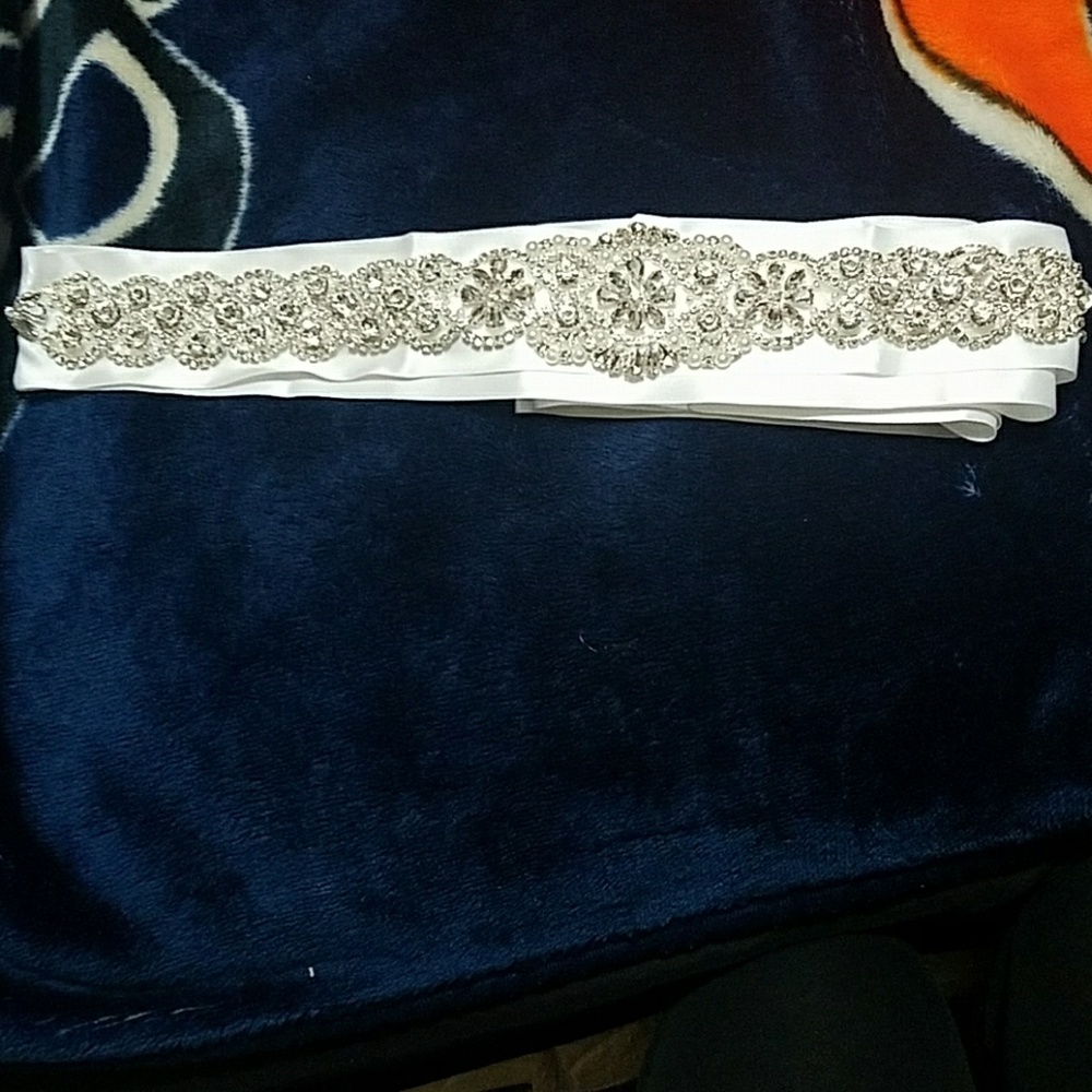 White beaded wedding dress sash