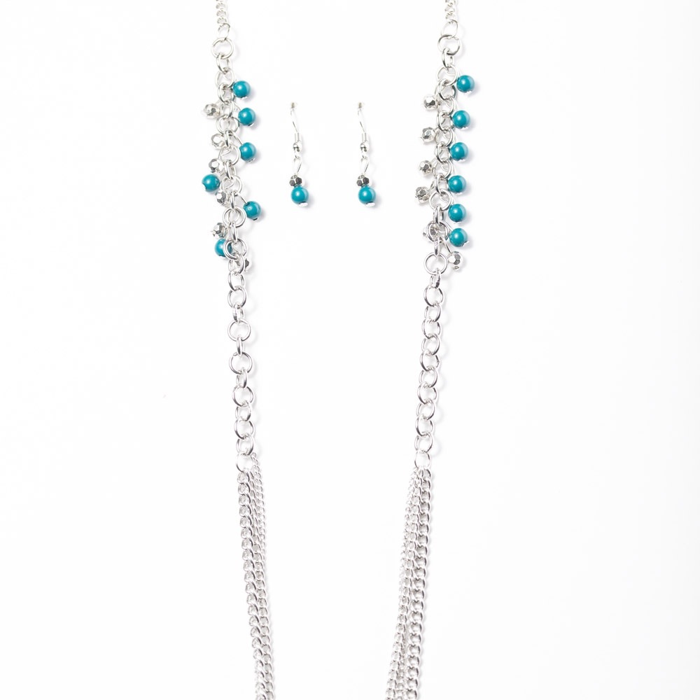 Long Silver & Caribbean Blue Beaded Necklace