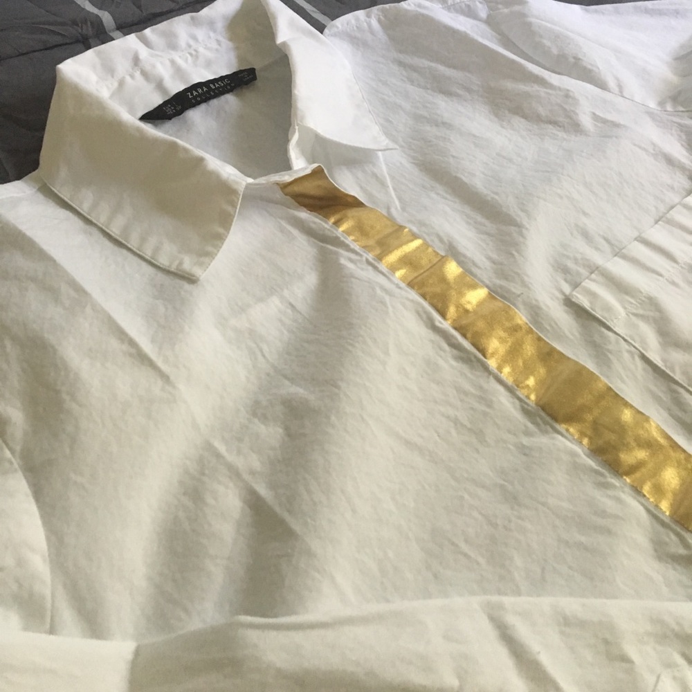 White Button Down Shirt with Gold Details.