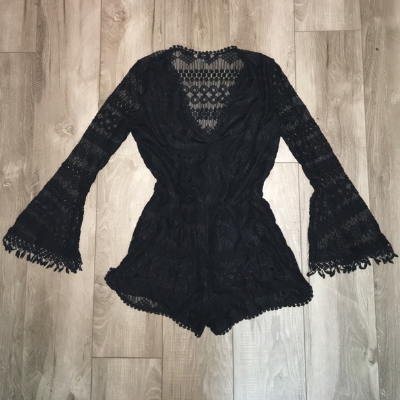Pants - Bell Sleeved Sheer Back Lace Romper