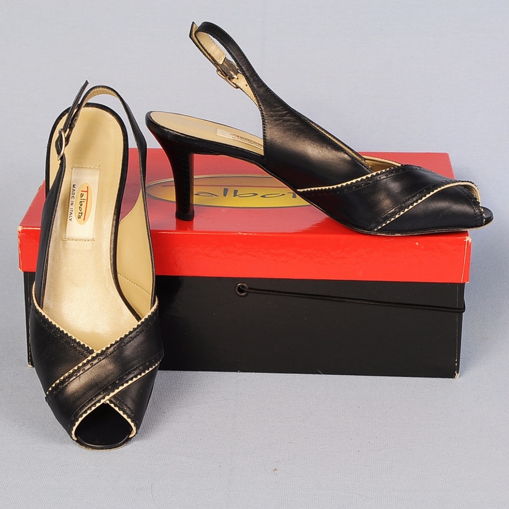 Talbots black, peep toe, sling back, low heels