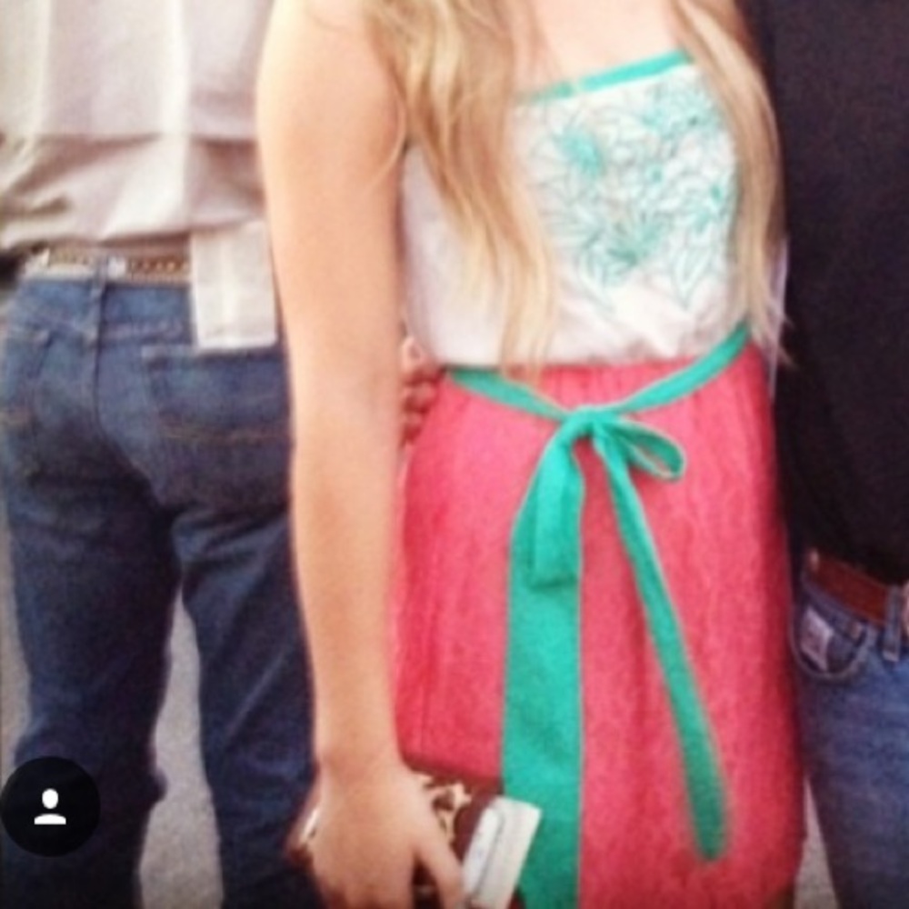 Teal and peach flying tomato dress worn like twice