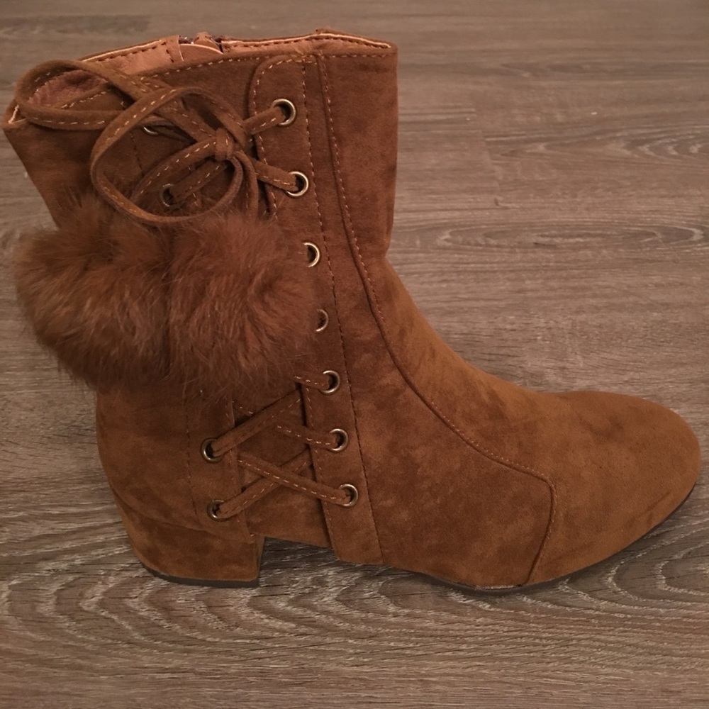 Faux Suede Lace Up PomPom Block Heel Boot - Picture 2 of 6