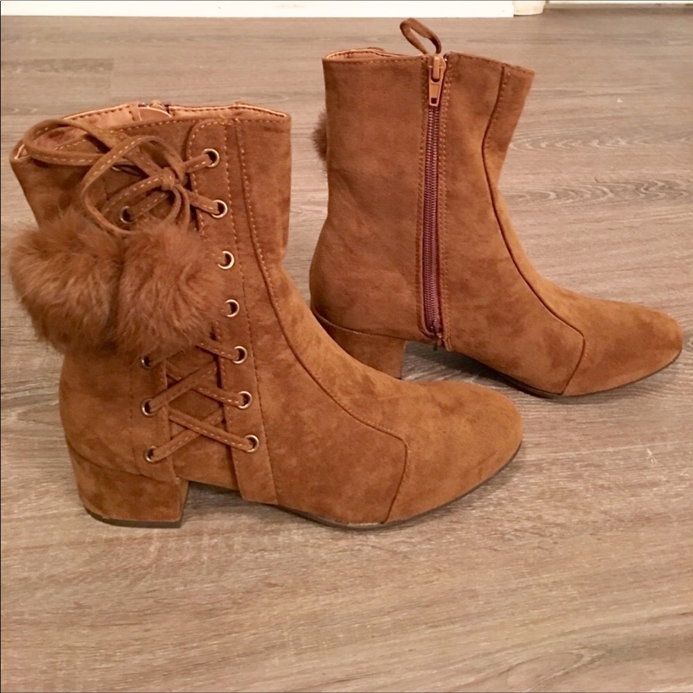 Faux Suede Lace Up PomPom Block Heel Boot