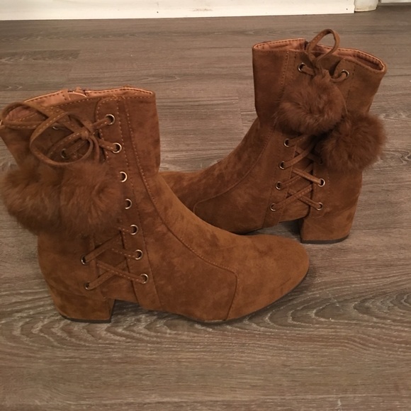 Faux Suede Lace Up PomPom Block Heel Boot - Picture 3 of 6