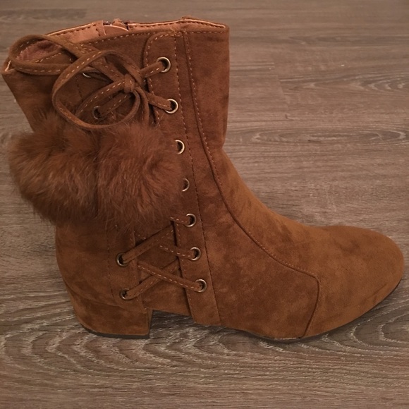 Faux Suede Lace Up PomPom Block Heel Boot - Picture 2 of 6