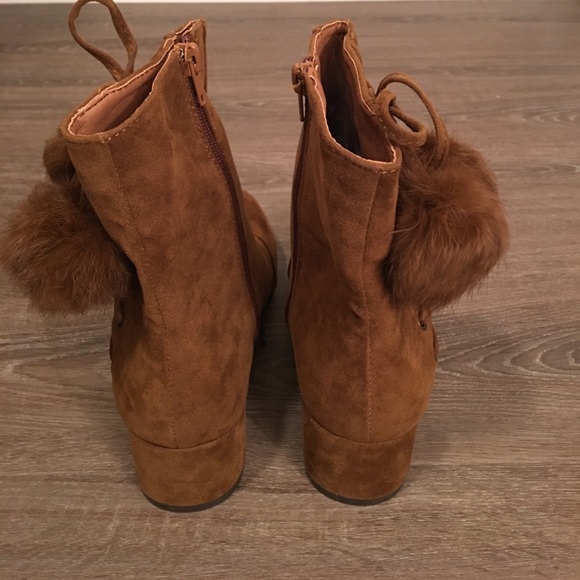 Faux Suede Lace Up PomPom Block Heel Boot - Picture 5 of 6