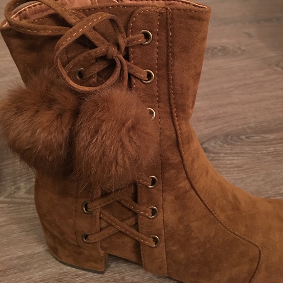 Faux Suede Lace Up PomPom Block Heel Boot - Picture 6 of 6