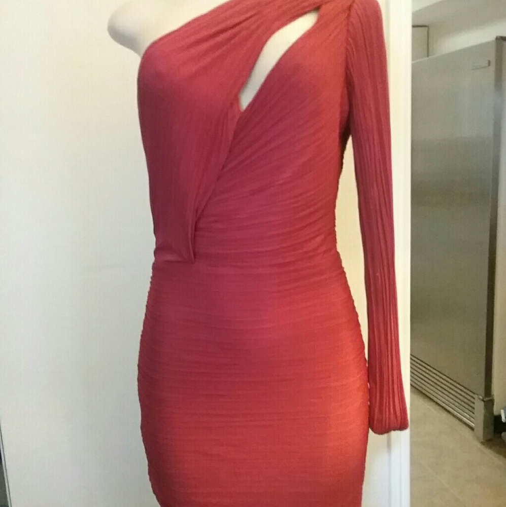 Halston red one shoulder dress