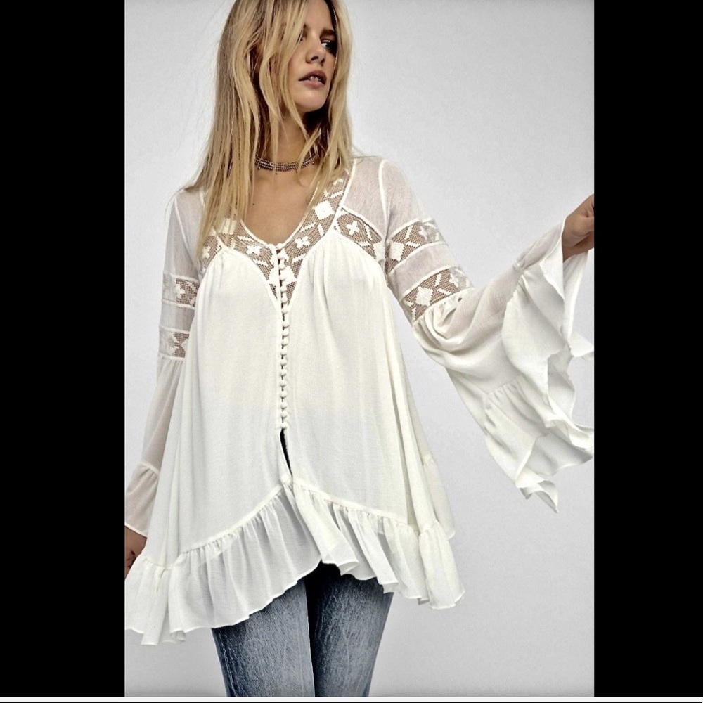 Free People Ruffled Lace Buttondown Tunic L - Picture 2 of 6