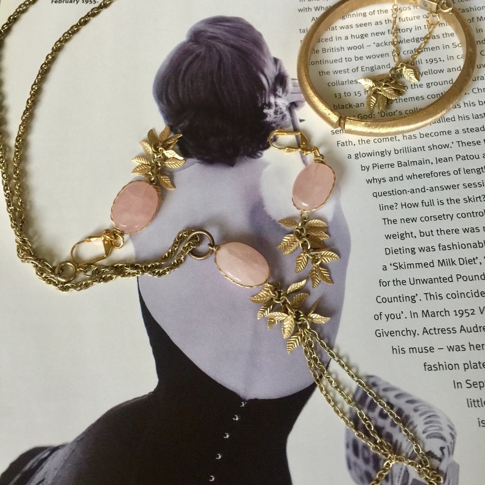 Vintage Jewelry Set, 1970s, Pink Quartz/ brass