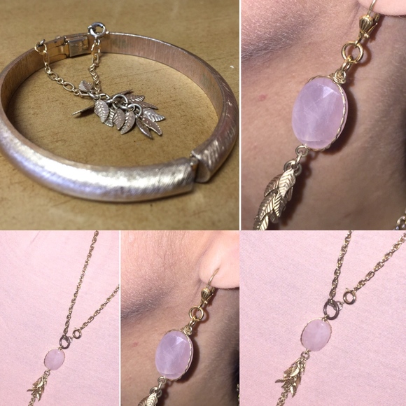 Vintage Jewelry Set, 1970s, Pink Quartz/ brass - Picture 2 of 8