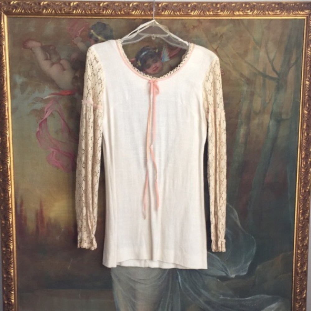 Vintage 1970's cream dress w/ crochet long sleeves
