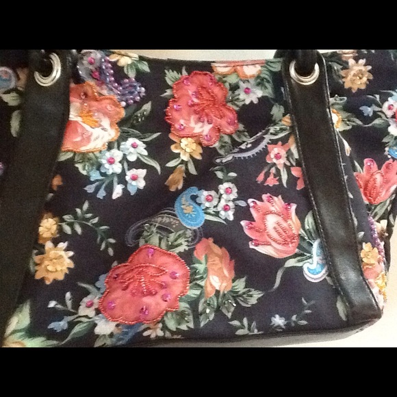 black and floral beaded fabric and vinyl purse , - Picture 2 of 4
