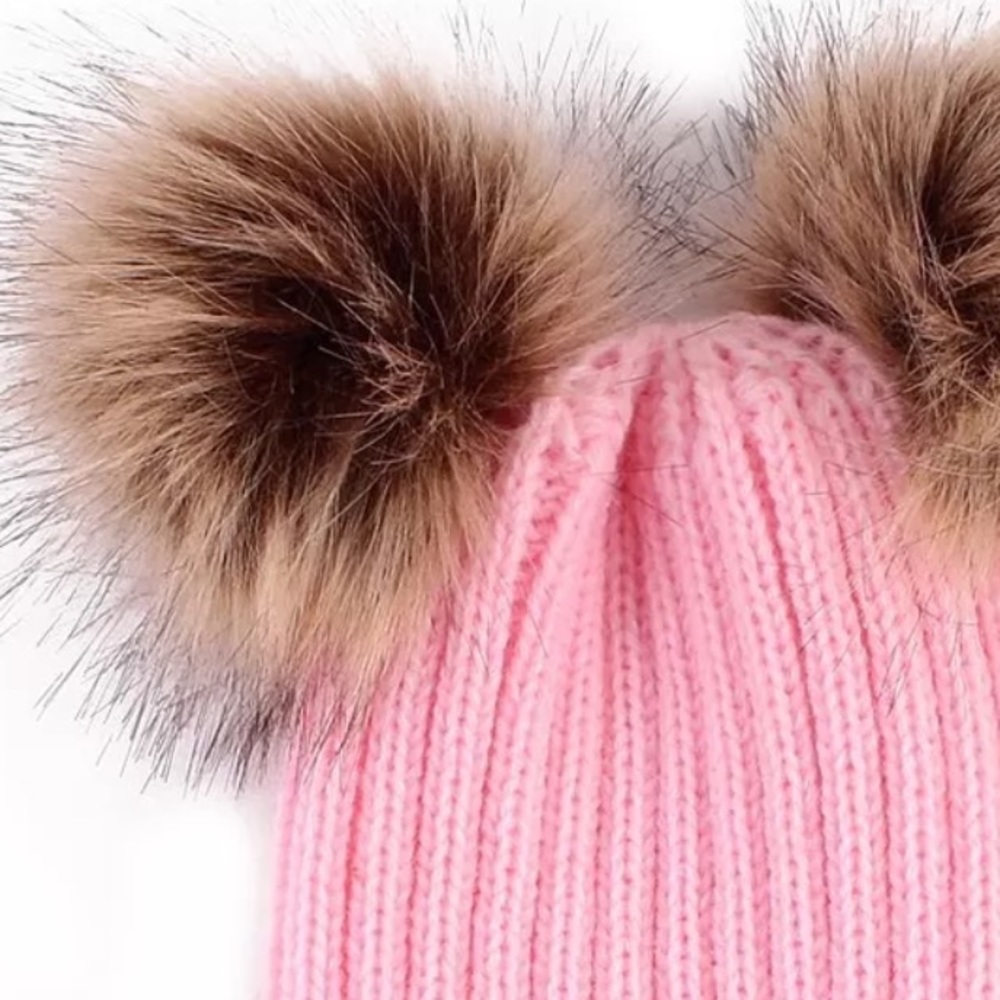 💋PINK DOUBLE FAUX FUR POM POM BEANIE-KNIT HAT-NEW - Picture 2 of 3