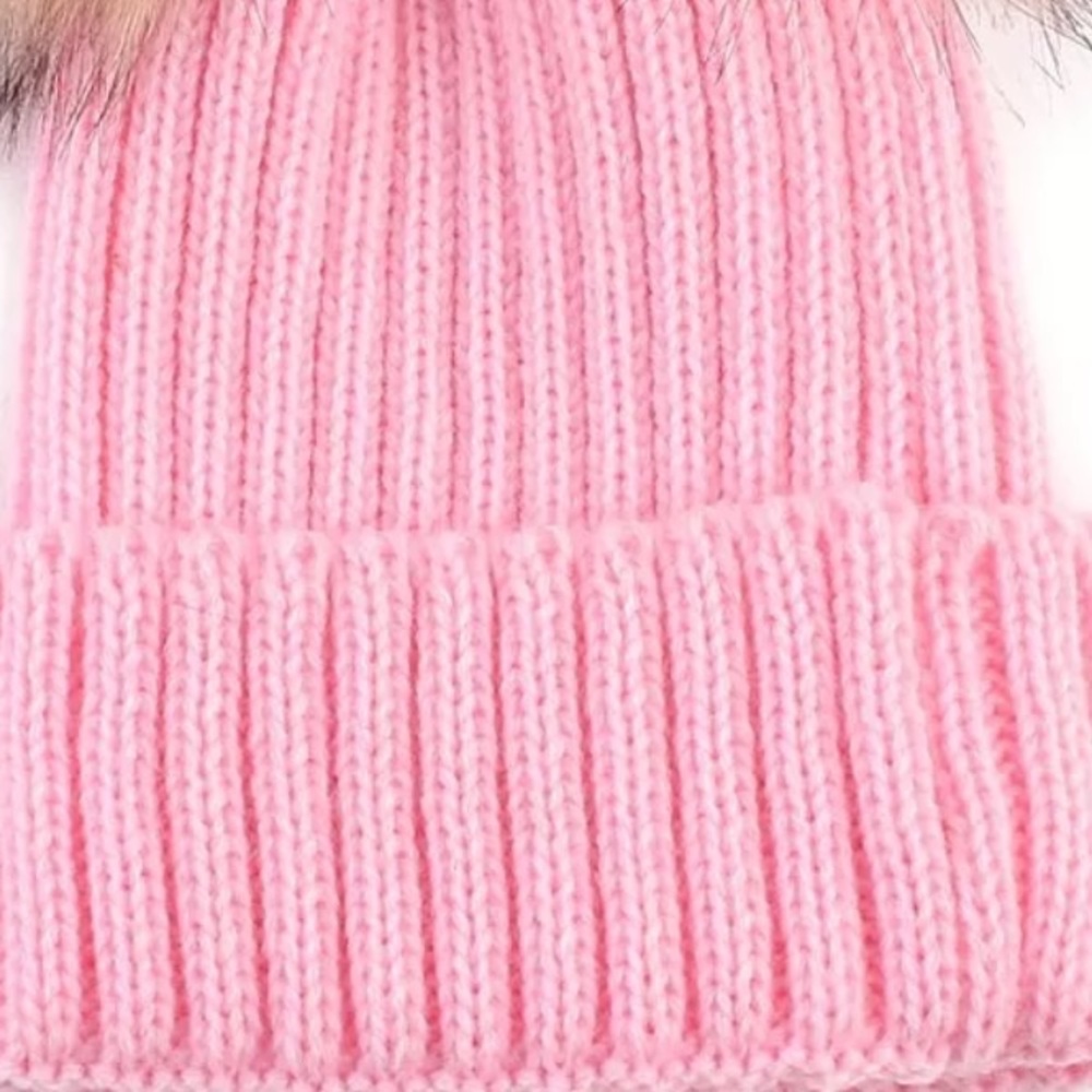 💋PINK DOUBLE FAUX FUR POM POM BEANIE-KNIT HAT-NEW - Picture 3 of 3