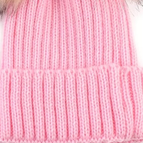 💋PINK DOUBLE FAUX FUR POM POM BEANIE-KNIT HAT-NEW - Picture 3 of 3