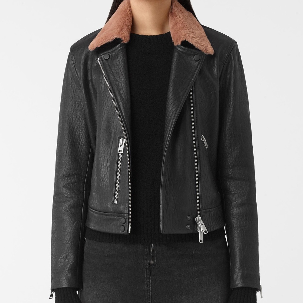 AllSaints Leather Biker Jacket w/ Pink Fur Collar
