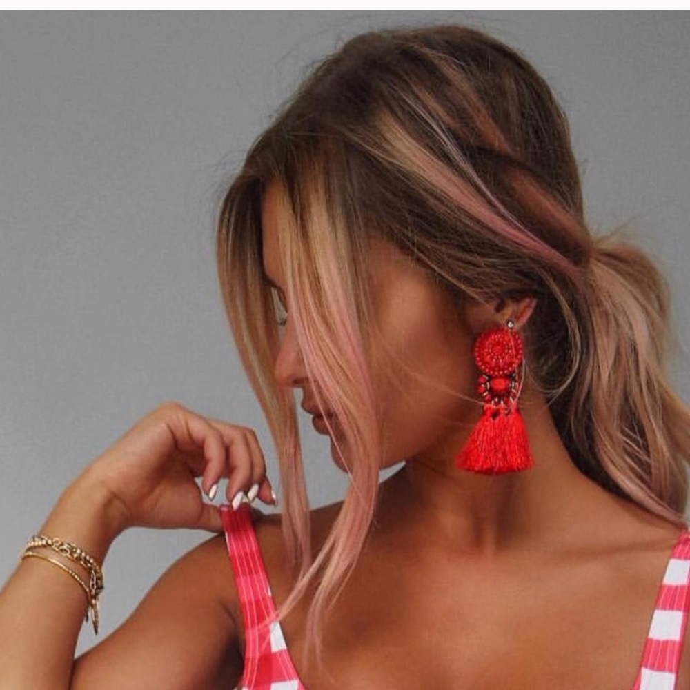 Red Tassel Earrings - Picture 3 of 7