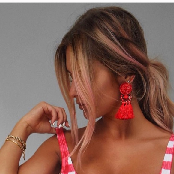 Red Tassel Earrings - Picture 3 of 7