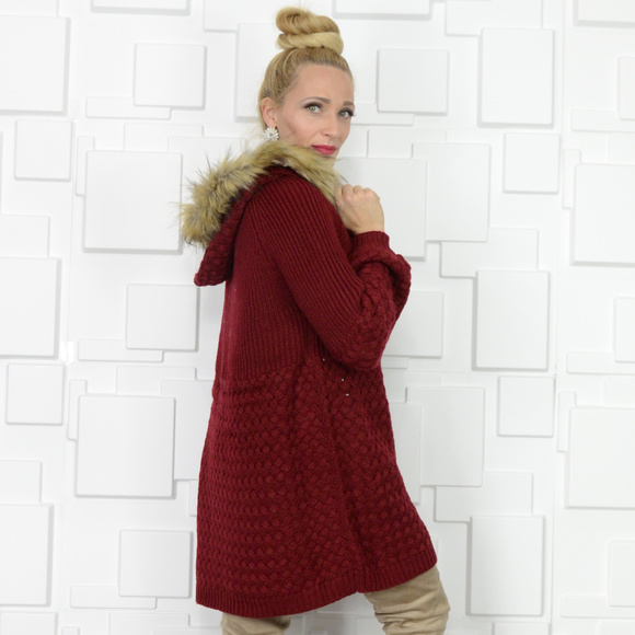 Cardigan with Faux Fur Trimmed Hood - Picture 4 of 4