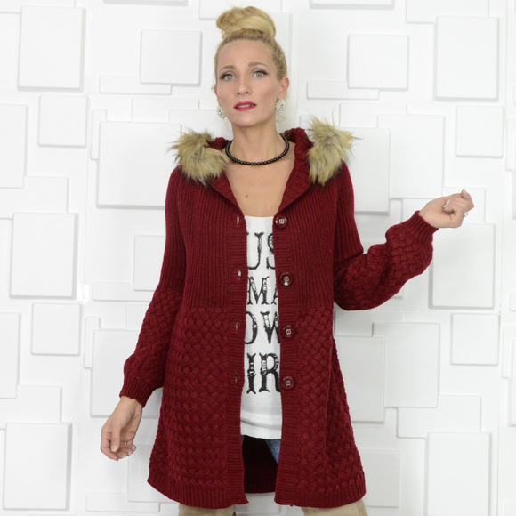 Cardigan with Faux Fur Trimmed Hood - Picture 3 of 4
