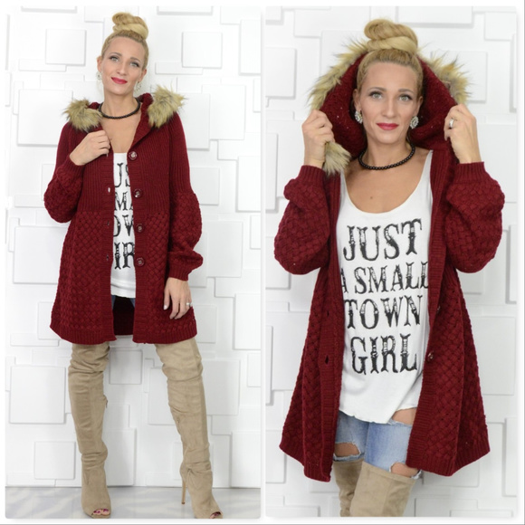 Cardigan with Faux Fur Trimmed Hood - Picture 2 of 4