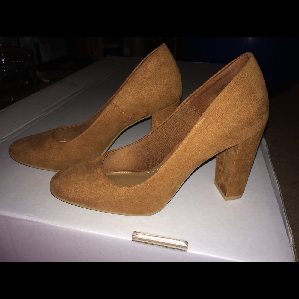 Tan, block high heels