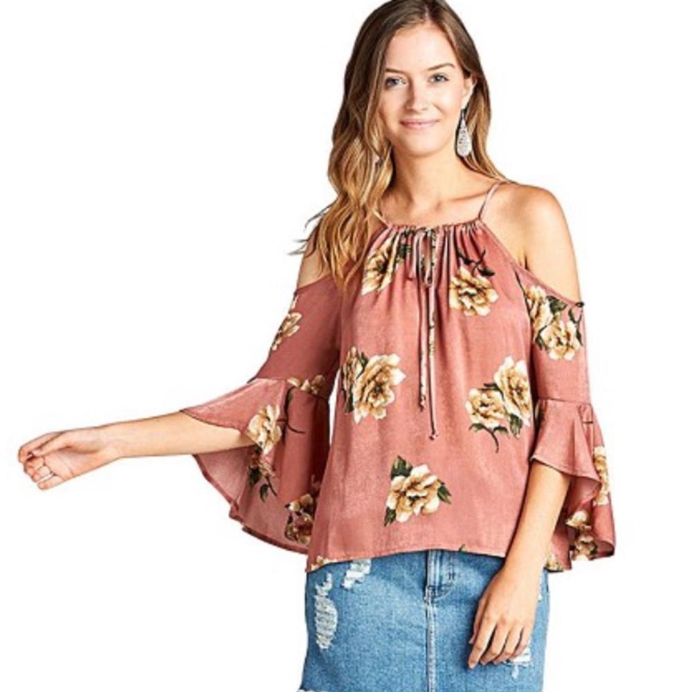 Floral Cold Shoulder Top with Tie