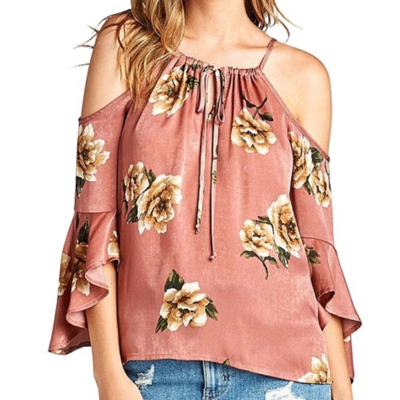 Floral Cold Shoulder Top with Tie - Picture 3 of 4