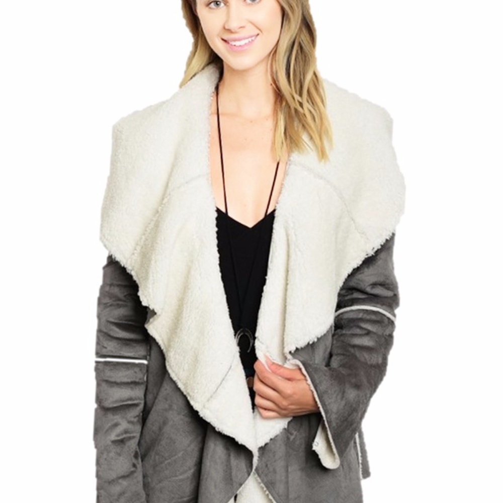 Gray Faux Suede Shearling Sherpa Jacket Coat S M L - Picture 2 of 8