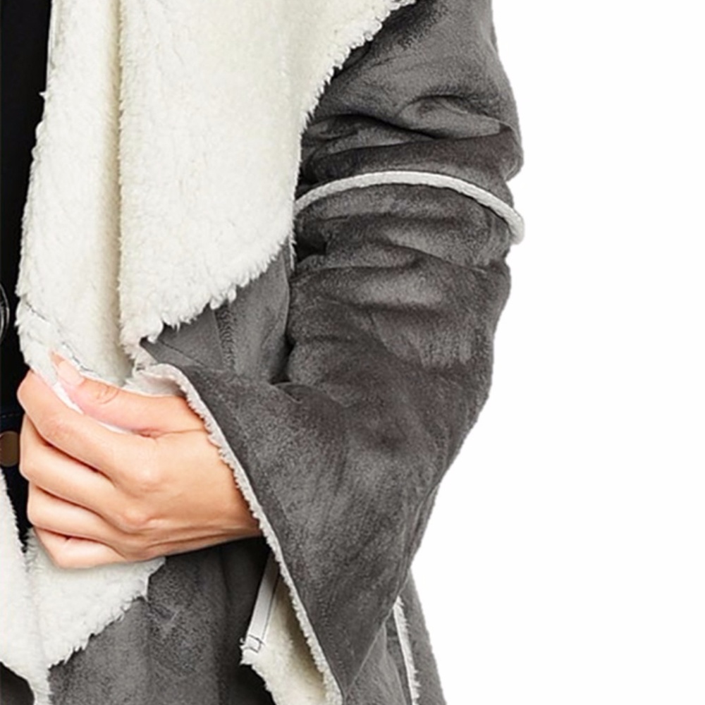 Gray Faux Suede Shearling Sherpa Jacket Coat S M L - Picture 4 of 8