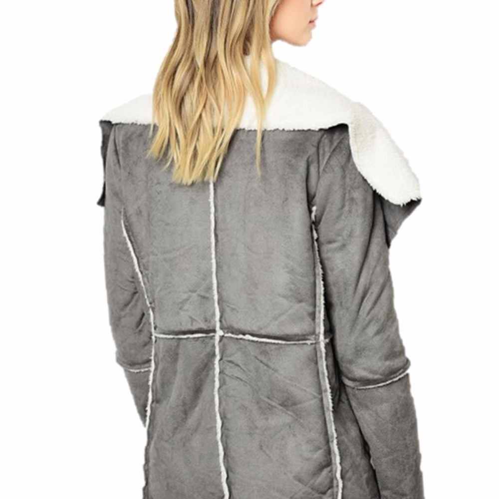 Gray Faux Suede Shearling Sherpa Jacket Coat S M L - Picture 3 of 8