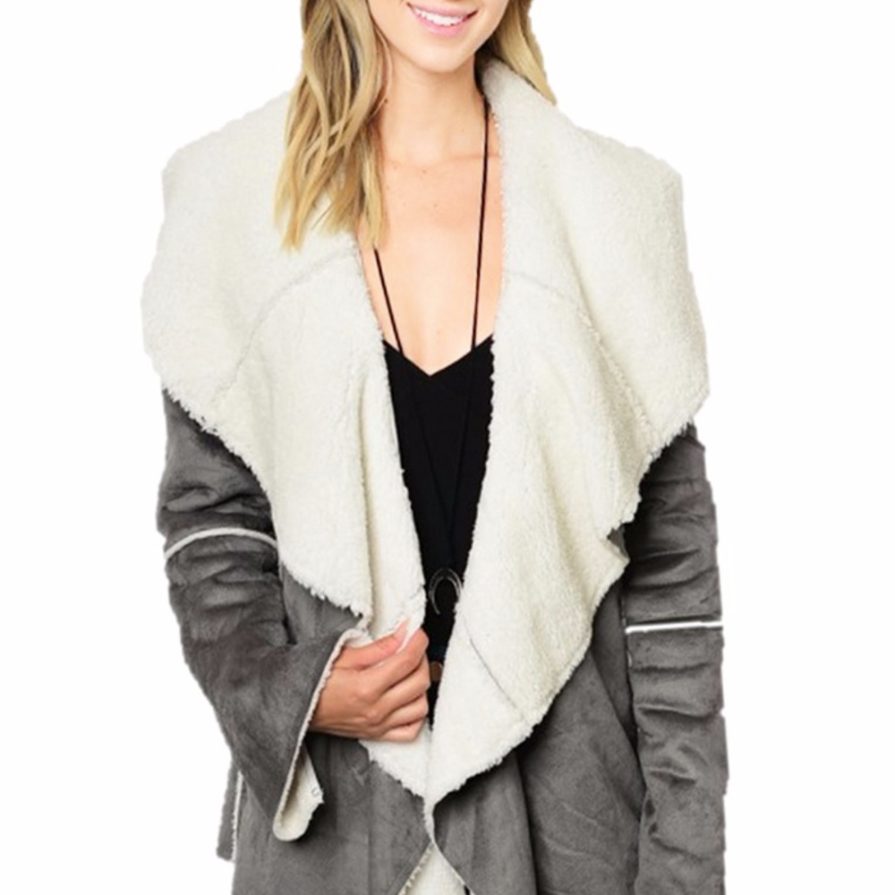 Gray Faux Suede Shearling Sherpa Jacket Coat S M L - Picture 8 of 8