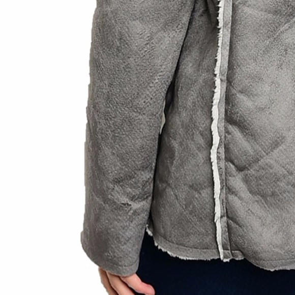 Gray Faux Suede Shearling Sherpa Jacket Coat S M L - Picture 7 of 8